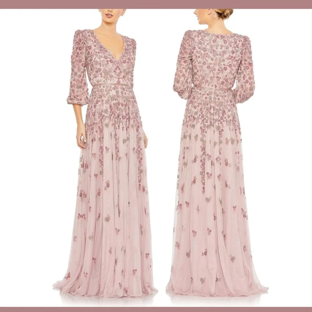 NWT $798 Mac Duggal [ 14 ] Embellished V Neck 3/4 Sleeve A Line Gown Rose #G1761 - Picture 2 of 16